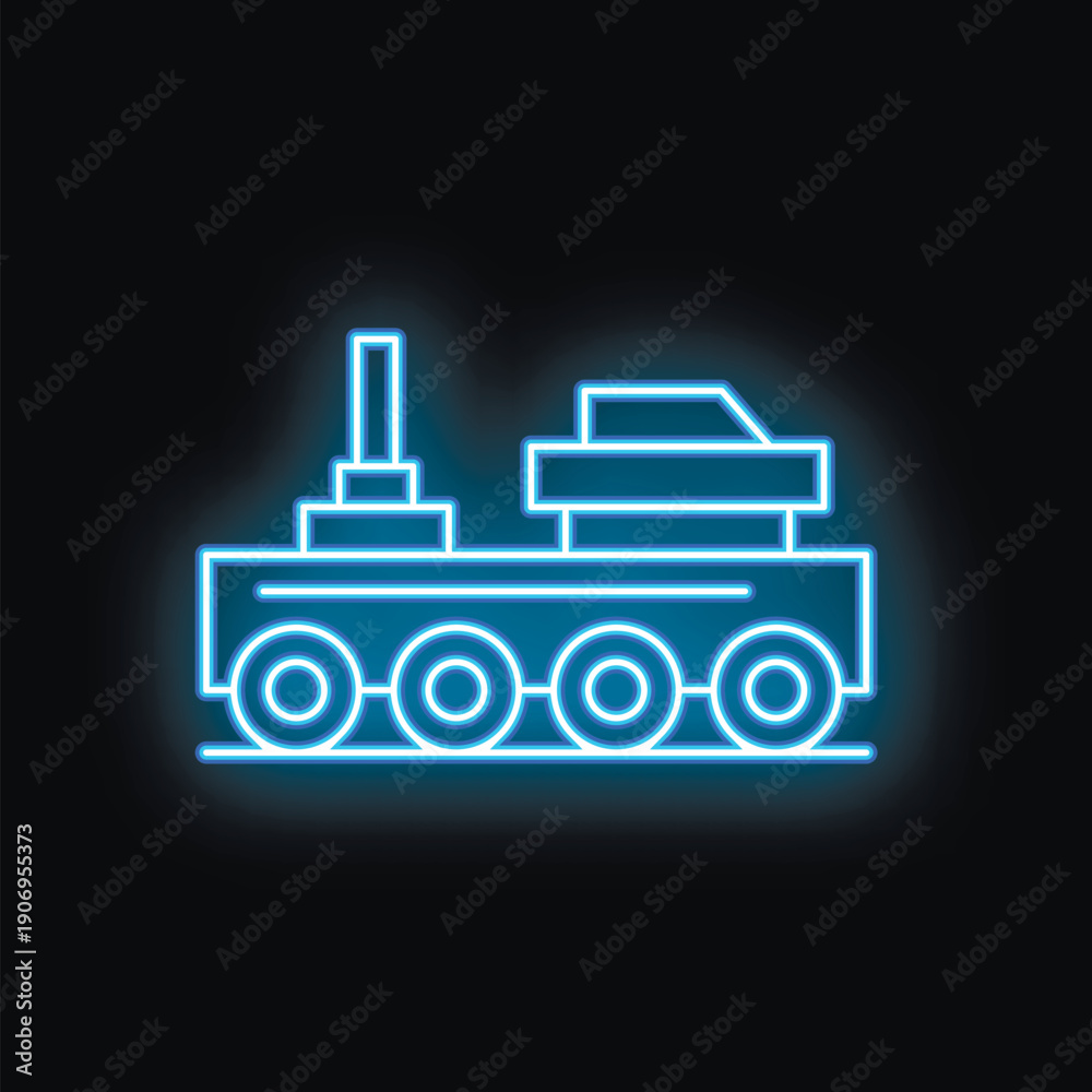 Obraz premium Blue glowing neon sign of military vehicle carrying missile for war theme decoration