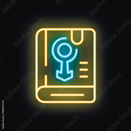 Bright neon icon of a book about gender studies with a male symbol on the cover and a bookmark