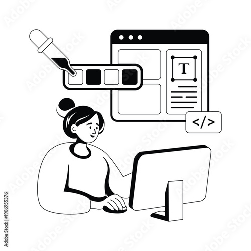 Glyph illustration of a designer working on a computer, developing a website interface with color palette