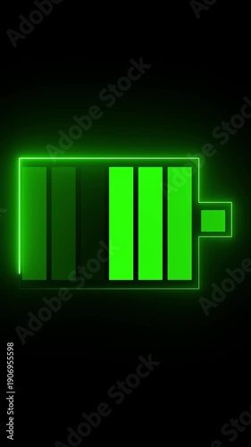 Vibrant Green Neon Battery Icon Showing Full Power Against animated Black Background energy