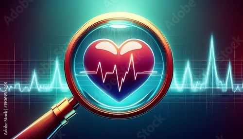 magnifying glass with heart and graph with heartbeat concept of health and medical care