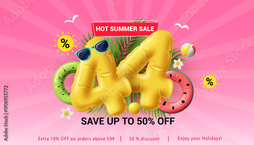 Hot summer sale banner with pink background and 3D yellow 4.4 sale text for month of April, tropical leaves, inflatable fruit rings, beach ball and sunglasses. Save up to 50% off promotion