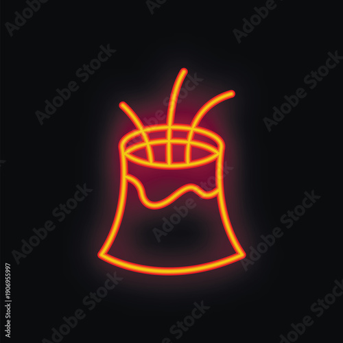 Neon sign of a volcano erupting with lava and smoke, on a black background