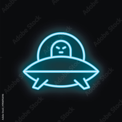 Blue neon sign of an angry alien piloting a ufo spaceship, on a black background
