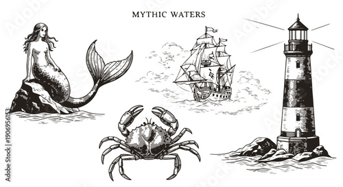 Hand-drawn Mythic Waters Sea Elements Collection with Mermaid, Sailing Ship, Crab, Lighthouse isolated PNG with Transparent Background