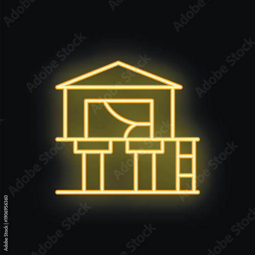 Bright yellow neon icon of a treehouse with a slide is standing out against a dark background