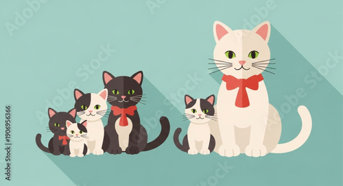 Cute cartoon cats and kittens with red bows.