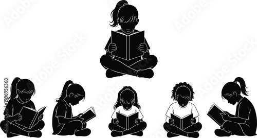 Silhouette collection of young girls sitting and reading books in various poses isolated on white background for educational design projects