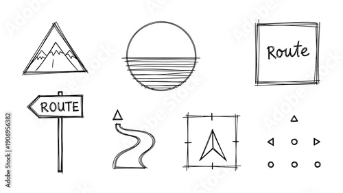Hand-drawn Route Icons: Simple, elegant, hand-drawn icons featuring diverse route markers, offering a clean, conceptual representation for navigation and directional concepts.