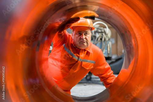Foto Senior engineer inspecting internal surface of industrial tube in heavy engineer