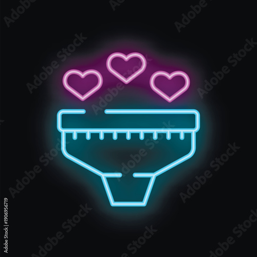 Neon sign of underwear with hearts floating above, representing love, romance, and intimacy