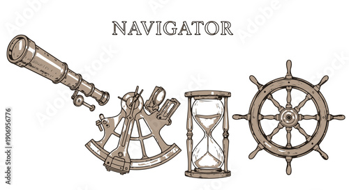 Collection of Vintage Navigation Tools with Spyglass, Sextant, Hourglass, Ship's Wheel, 'NAVIGATOR' Text isolated PNG with Transparent Background