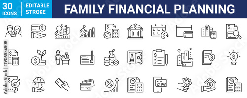 Vector icon set for family financial planning, budgeting, savings, investments, insurance and financial security. Ideal for finance apps, banking services