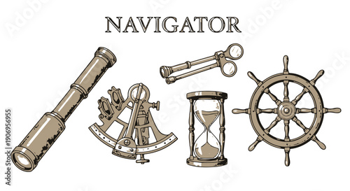 Hand Drawn Vintage Navigational Tools Collection "NAVIGATOR" - Isolated Vector Illustration isolated PNG with Transparent Background