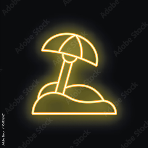 Yellow neon sign of a beach umbrella planted in the sand, glowing on a black background