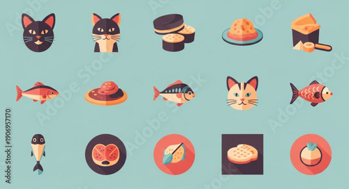 Cute Cat Faces and Delicious Sushi Food Icons.