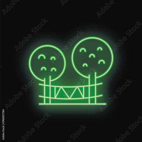 Green neon sign depicting a suspension bridge in a park with two trees at night