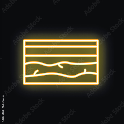 Glowing neon icon of soil layers with underground water isolated on a black background