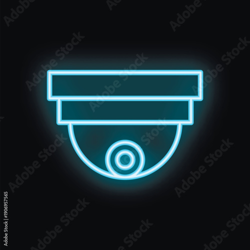 Neon security camera symbol shining brightly on a black background