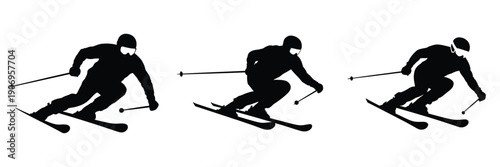 Silhouette of Skier in Action – Skiing Vector Illustration, Winter Sports, Extreme Snow Activity, Downhill Race, Outdoor Adventure Concept, Athlete Silhouette for Fitness and Snow Sport Design
