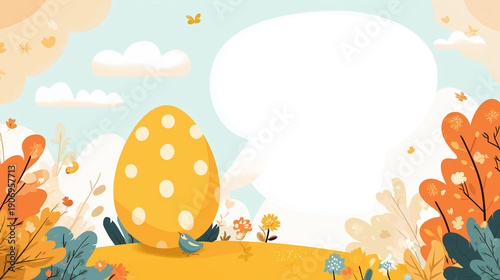Easter Egg with Flowers and Blank Speech Bubble