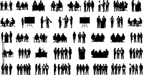 Large Set of Business People Silhouettes in Office Meetings, Presentations, and Discussions for Corporate Design Projects