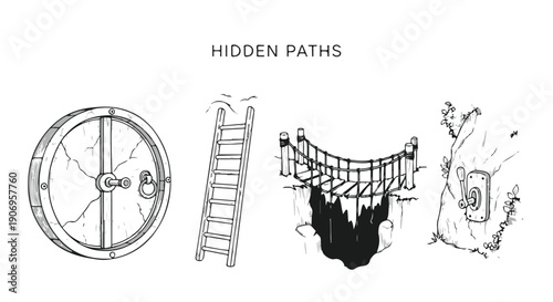 'Hidden Paths' Hand Drawn Vector Illustration Set featuring Secret Door, Ladder, Rope Bridge, and Cave Entrance Elements. isolated PNG with Transparent Background