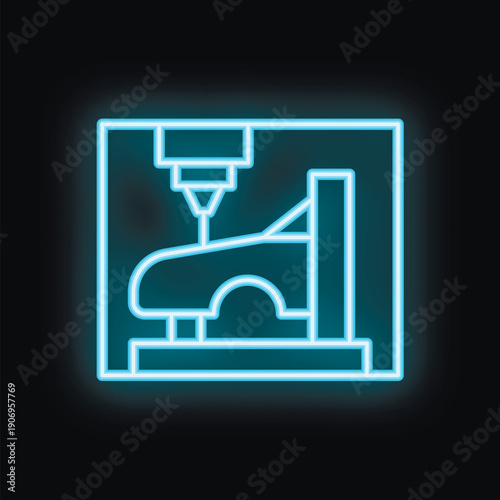 Blue neon icon of a 3d printer printing a car model on a black background