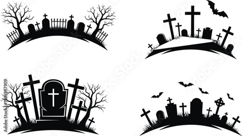 Spooky Halloween Cemetery Silhouette Vector Set with Haunted Graveyard Tombstones Dead Trees Bats and Stone Crosses for Dark Horror Design