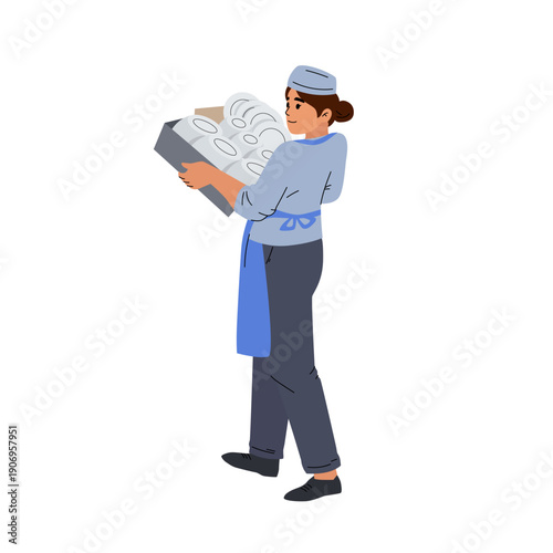 Vector illustration of a professional baker or kitchen worker carrying a tray with clean plates. Food service employee in uniform working in restaurant or cafe.