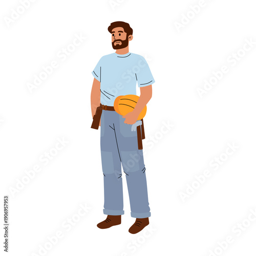 Construction worker holding a protective helmet. Professional builder or engineer character in working clothes. Industrial labor concept.