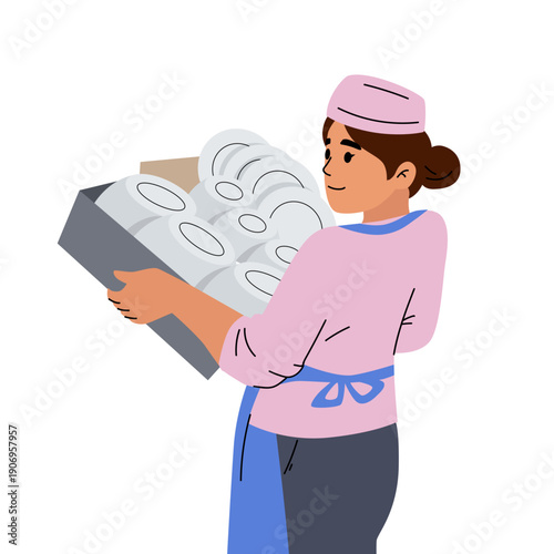 Vector illustration of a professional baker or kitchen worker carrying a tray with clean plates. Food service employee in uniform working in restaurant or cafe.