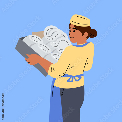 Vector illustration of a professional baker or kitchen worker carrying a tray with clean plates. Food service employee in uniform working in restaurant or cafe.