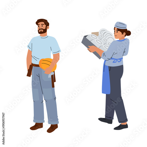 Set of two professional workers: baker carrying plates and construction worker holding helmet. Teamwork and different occupations concept.