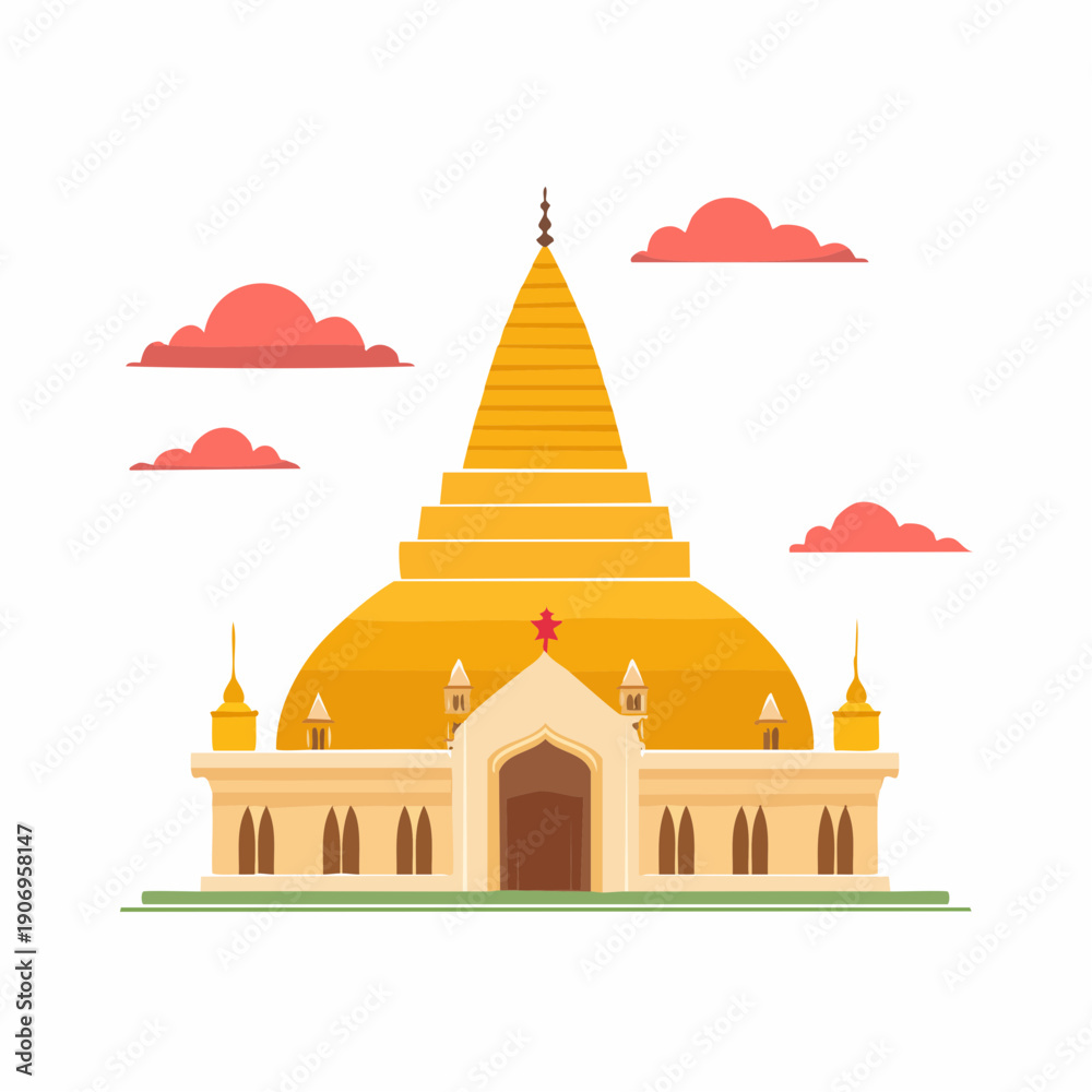 Obraz premium Golden Buddhist Temple with Cloudy Sky Illustration Calm Religious Place of Worship Vector Art