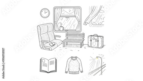 Cozy Travel Essentials: An artistic illustration depicting the serene calm of a train journey, a scene of travel essentials.
