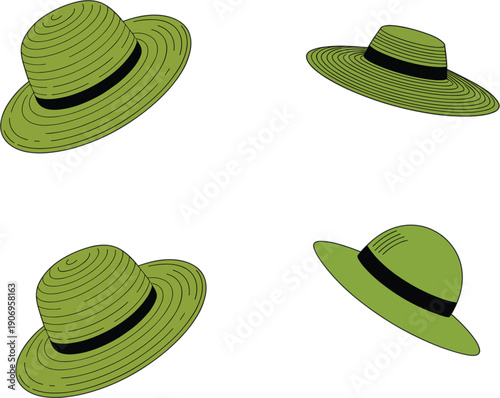 Set of green summer sun hats with black ribbon, elegant vintage style straw hat vector illustrations for fashion design and beach vacation concepts, isolated on white background