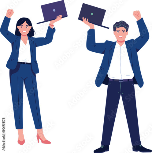 Set of happy business woman and man characters holding laptops and celebrating success with raised arms for freelance work achievement and winning concept flat vector illustration