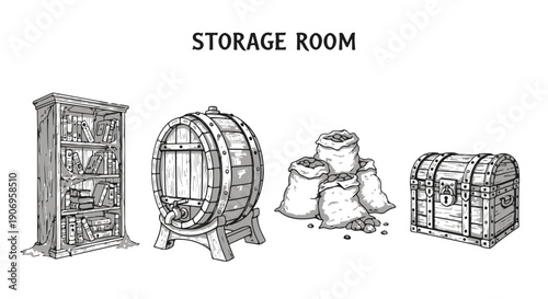Hand-Drawn Sketch Collection of Storage Room Items with 'STORAGE ROOM' Text isolated PNG with Transparent Background
