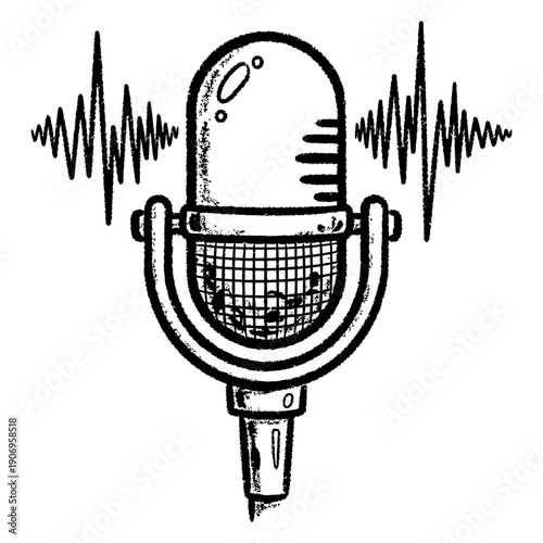 Retro studio microphone sketch with sound waves, black and white hand-drawn illustration for podcast or radio broadcast