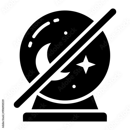 Forbidden crystal ball icon with moon and star, solid glyph vector illustration of no fortune telling or disabled night mode feature.