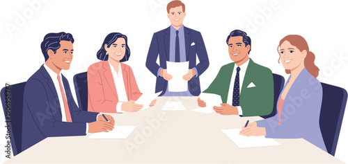 Set of professional business people sitting at a desk and having a meeting for corporate teamwork brainstorming and strategic planning flat vector illustration