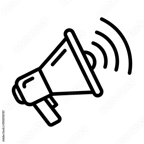 Megaphone icon broadcasting sound waves, simple black outline vector graphic for announcement, marketing, and communication concepts