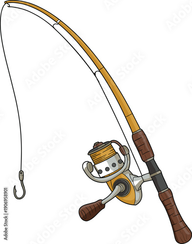 Fishing rod with spinning reel and hook for outdoor recreation hobby sport fishing equipment leisure activity and summer vacation adventure, flat vector illustration