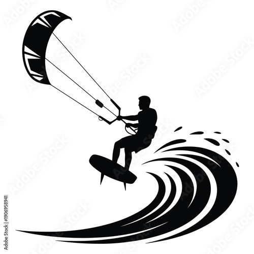 Silhouette of Kitesurfer Jumping Over Waves – Kiteboarding Vector Illustration, Extreme Water Sports, Ocean Adventure, Summer Beach Action, Outdoor Lifestyle and Surfing Design