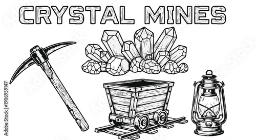 Hand Drawn 'Crystal Mines' Illustration Set with Pickaxe, Mine Cart, Crystals, and Lantern isolated PNG with Transparent Background