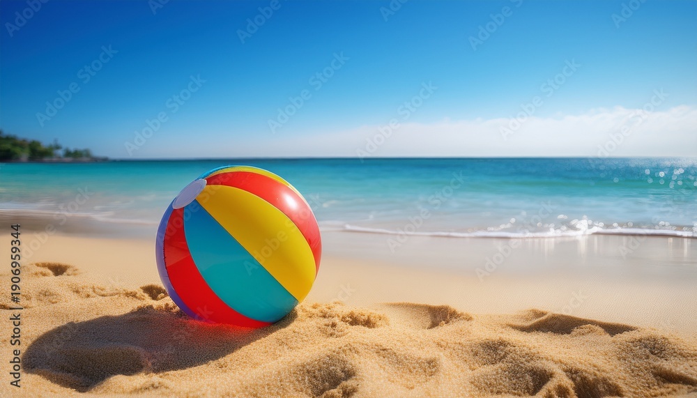 Obraz premium a colorful beach ball rests on golden sand with a serene blue ocean in the background embodying summer fun and relaxation