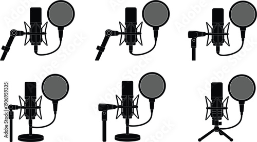 Set of professional studio microphone silhouette vector illustrations with pop filters and various stands for podcasting, radio broadcasting, and music recording concepts