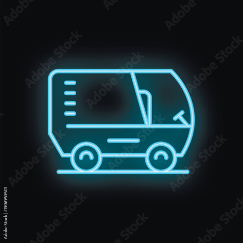 Blue neon style icon of autonomous shuttle representing future transportation