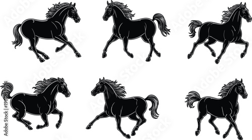 Set of Silhouette Black Horse Vector Illustrations Galloping and Running Wild for Equestrian Sports Design